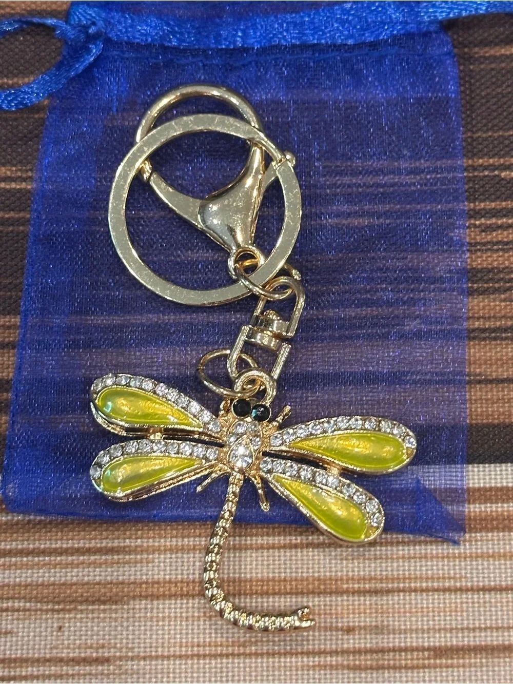Gold Dragonfly Keychain Purse Charm with Yellow Enamel & Crystals